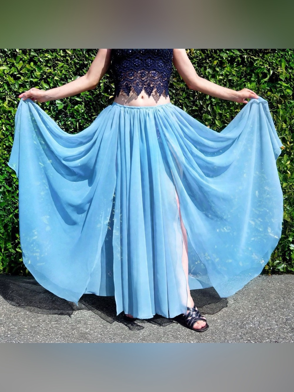 Light-Blue Chiffon Skirt with 2 slits. Ameynra design. New
